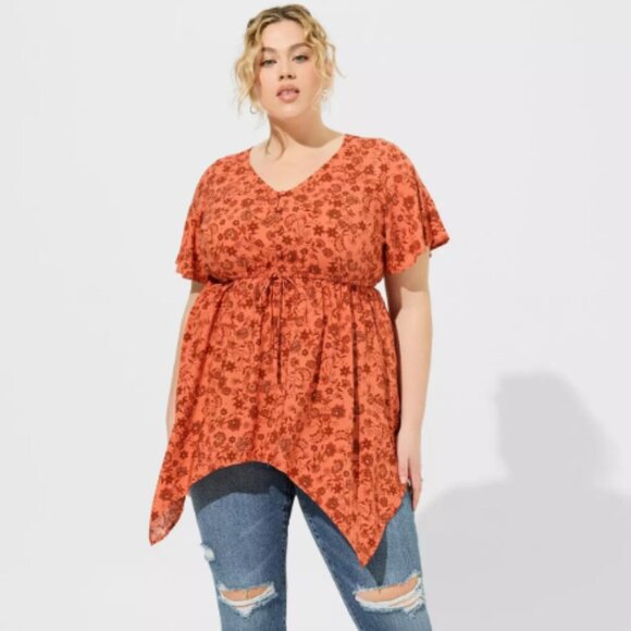 Torrid Babydoll Challis Sharkbite Flutter Sleeve Top Lulu Floral Ginger Size 2X - Picture 1 of 13